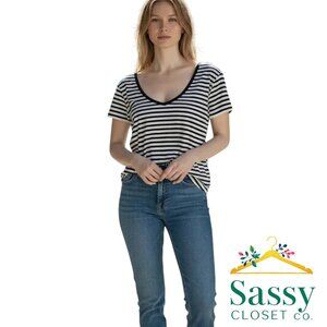 WHBM Stripe Tee – Silver Accent, Short Sleeve, Scoop Neck, EUC, Sz XS,